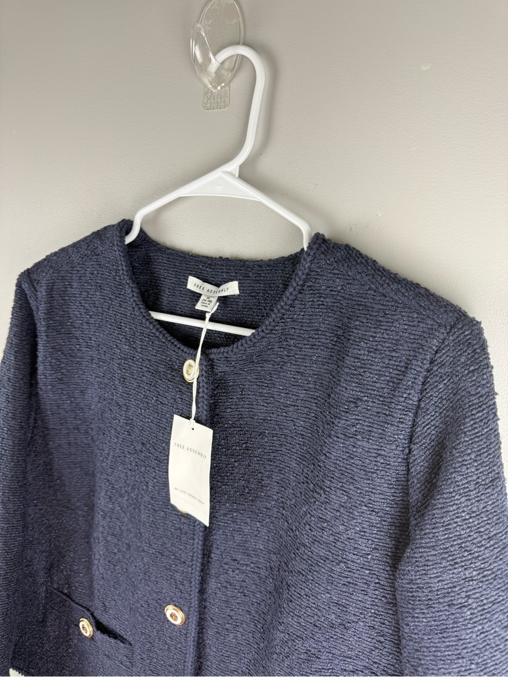 Free Assembly Women’s Navy Tweed Crew Neck Cropped Button Up Jacket SZ XXL New